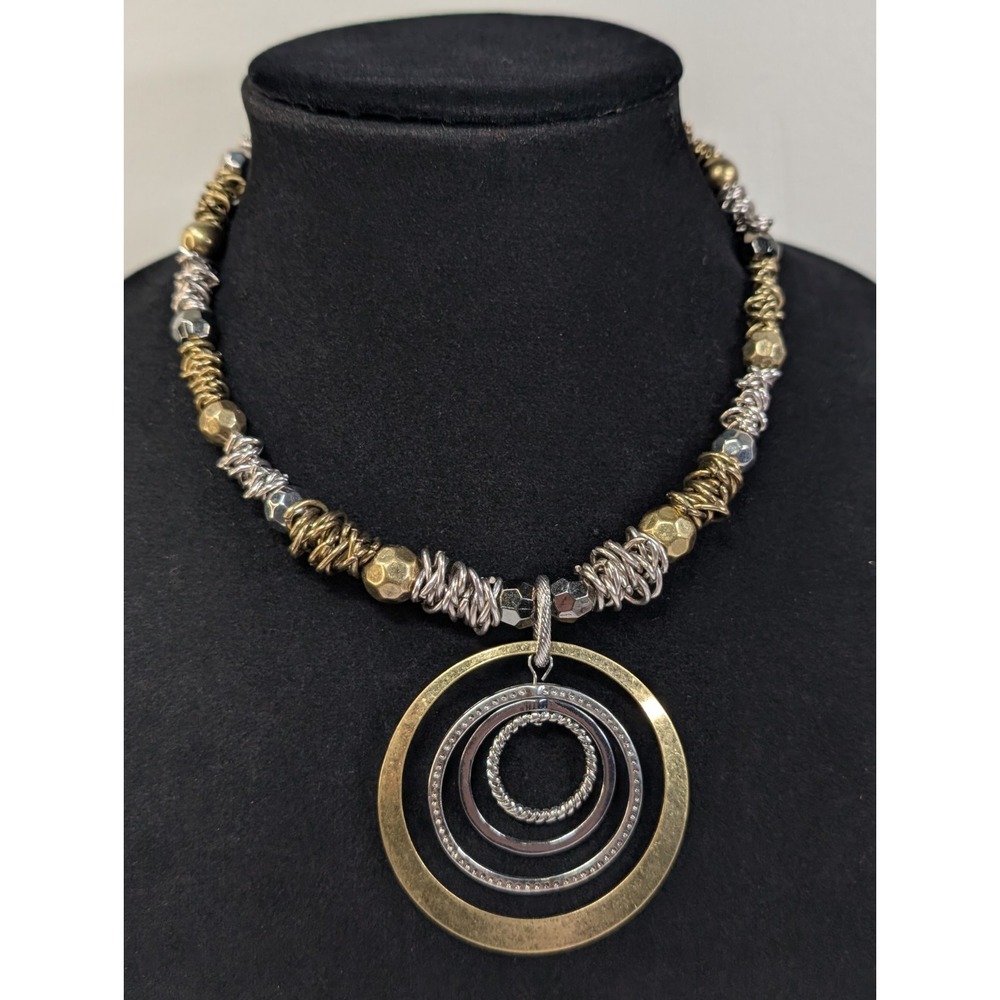 Necklace Choker Tri Metal, Silvertone, Copper,Brass Modern Abstract Circles 16"